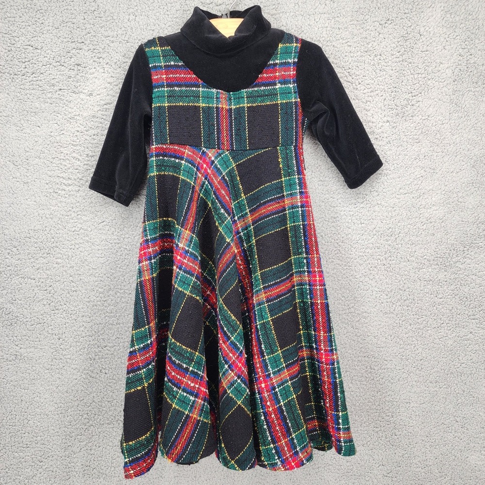 Cozi Kidz‎ Plaid Dress Vintage Girls Size 2 Black Velvet Trim Party Holiday